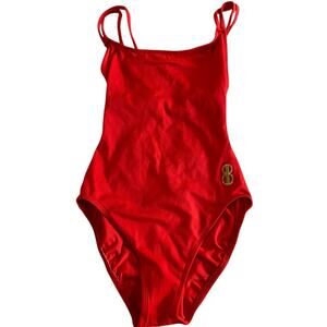 Vintage Bill Blass One Piece Red Swimsuit Women 6 Tank Solid Gold Logo High Cut